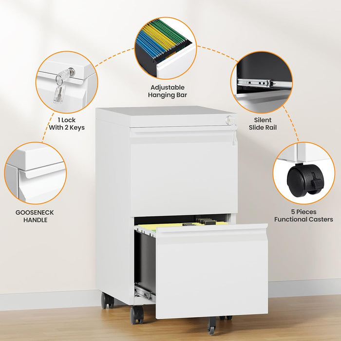 2 Drawer Mobile File Cabinet, Fully Assembled File Cabinets with Lock, Metal Rolling Filing Caninet on Wheels, Small Two Drawer under Desk Cabnet for Letter/Legal / A4 / File Box - White