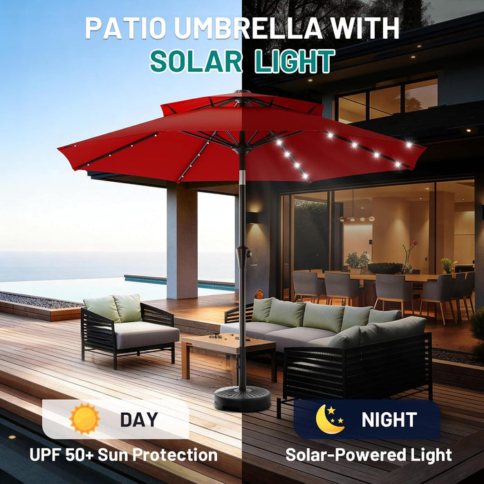 9Ft 2 Tiers Patio Umbrella with Solar Lights, Outdoor Umbrella W/ 32 LED Lights&8 Sturdy Ribs, Table Umbrella for Deck, Backyard, Pool(Red)