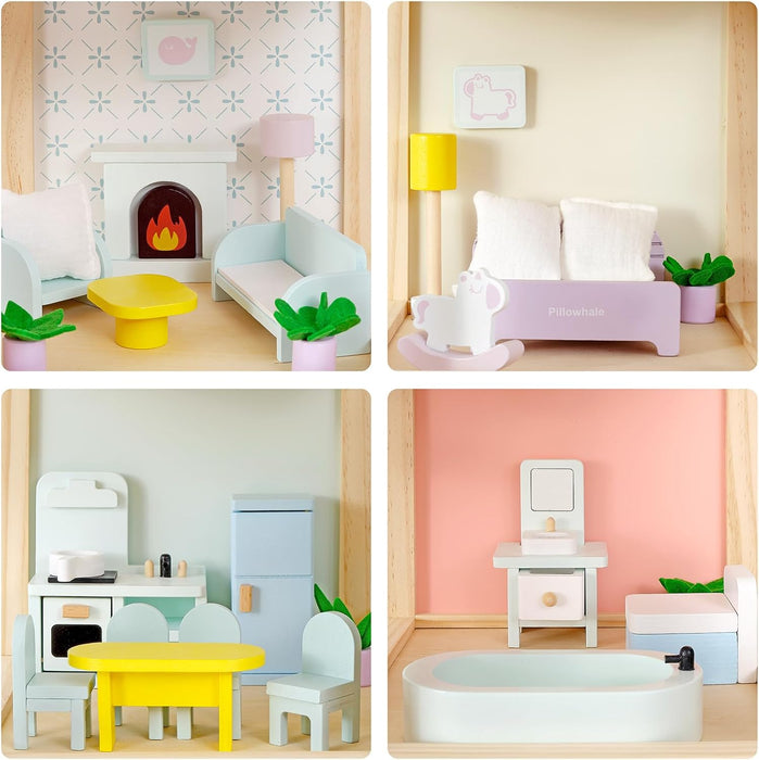 Wooden Dollhouse, 6 Rooms Doll House with 38 Pcs Furniture Set, DIY Pretend Modern Playhouse, 3-Story Kids Dollhouse, Ideal Gift for Kids Ages 3+