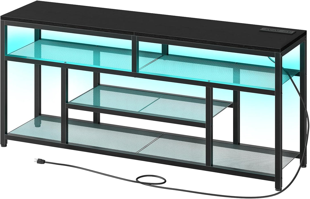 LED TV Stand with Charging Station, 4-Tier Entertainment Gaming Center, Modern Media Console Table, Open Shelves, 55.1"L X 13.8"W X 26.2"H, for Tvs up to 65", for Living Room, Black BB47UDDS01