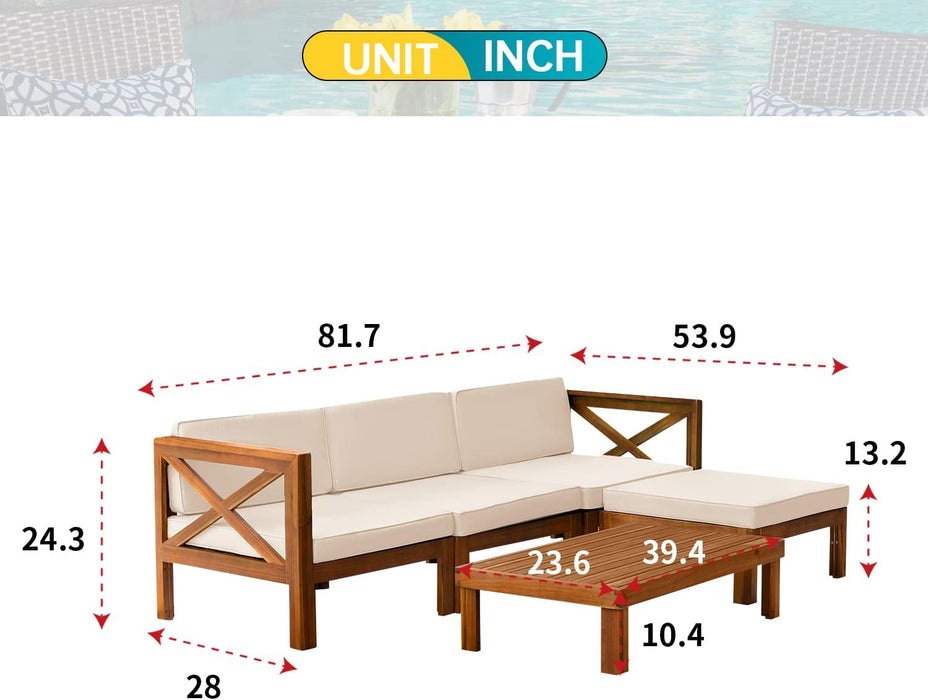 5-Piece Acacia Wood Outdoor Sofa Set Patio Bistro Set Furniture Outdoor Chat Conversation Table Chair Set with Water Resistant Cushions and Coffee Table for Beach Backyard Garden
