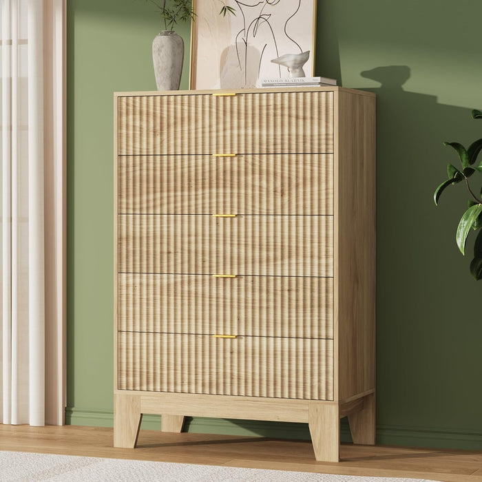 5 Drawer Dresser for Bedroom, 47" Tall Fluted Chest of Drawers with Metal Handle, Modern Wooden Dresser TV Stand, Clothes Storage Organizer Wood Closet for Hallway, Entryway, Natural Oak