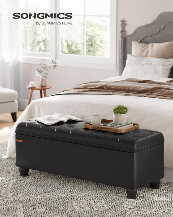 Storage Ottoman, Storage Bench, Tufted Entryway Bedroom Bench, 17.7 X 46.5 X 17.7 Inches, Hinges Easy Lid Operation, Wooden Legs, Synthetic Leather, Loads 330 Lb, Classic Black ULOM071B01