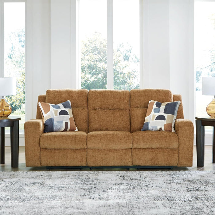 Kanlow Contemporary Manual Reclining Sofa with 2 Accent Pillows, Light Brown