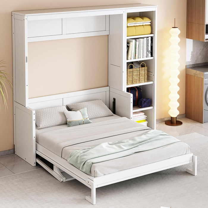 Murphy Bed Chest Full Size,Hideaway Wall Bedframe with Desk and Bookshelf,Space Saving Cabinet Bed W/Shelf,Slat Support,Can Be Folded,Bedroom Furniture for Small Space,White
