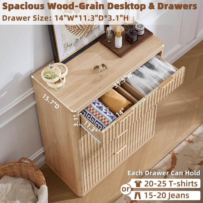 Farmhouse Fluted 6 Drawers Dresser for Bedroom, 42" Tall Modern Chest of Drawers with Curved Profile Design & Metal Handle,Natural Wood Drawer Organizer for Bedroom