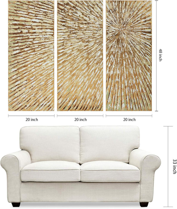 Gold Wall Art Textured Hand Painted Canvas by Martin Edwards, Triptych, 48" X 20" Each, Sunshine