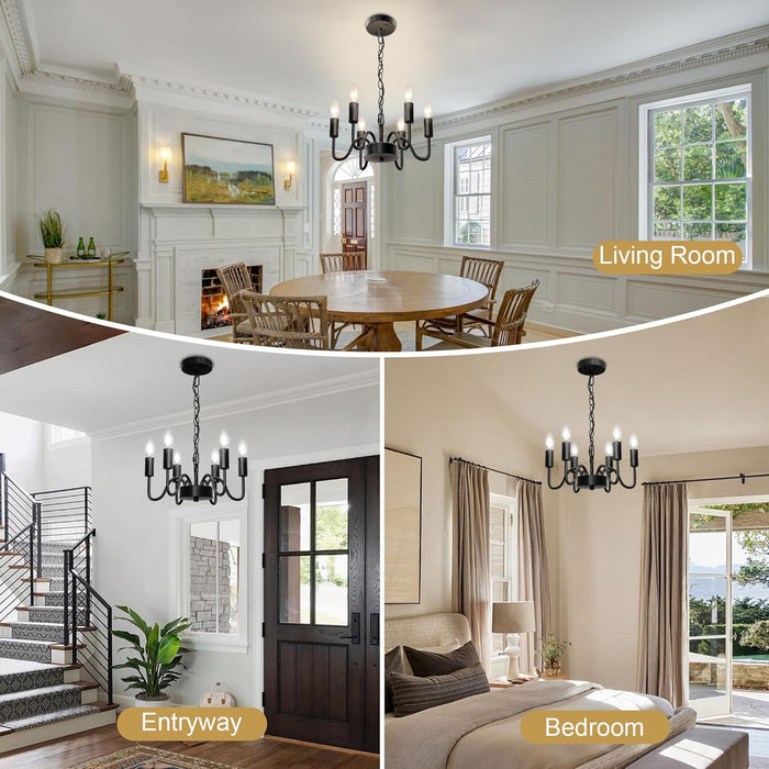 Black Chandelier for Dining Room, Rustproof 6-Light Farmhouse Chandelier Light Fixture, 47Inches Modern Candle Hanging Light for Bedroom, Adjustable Rope, E12 Small Base, Bulbs Not Included