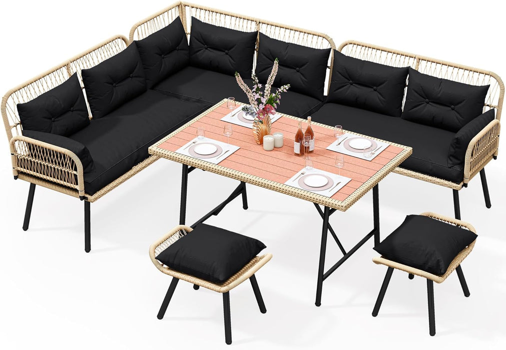 Patio Wicker L-Shaped Furniture Set, All-Weather Rattan Outdoor Conversation Sofa Set for Backyard Deck with Soft Cushions,Ottomans and Plastic Wood Dining Table (Light Brown+Black)