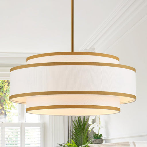 19.7" Gold Drum Chandelier with White Linen Lampshade 4-Light Modern Farmhouse Chandelier Light Fixture for Dining Room, Kitchen Island, Foyer Entryway Bedroom