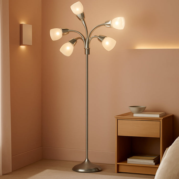Floor Lamp with 5 Movable Shades & Adjustable Brightness – Perfect Lighting for Bedroom Decor, Beauty & Art Studio, Silver