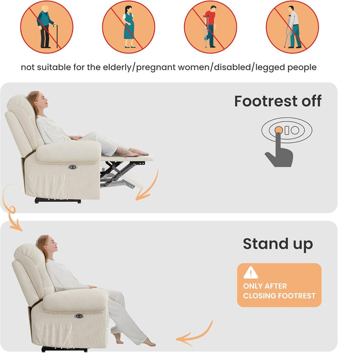 Upgraded 2024 New Power Recliner Chair for Adults, Adjustable Electric Chair Power Reclining Sofa, USB Port, Ultra-Comfy Corduroy Recliner for Living Room, Tool-Less Assembly Single Sofa White