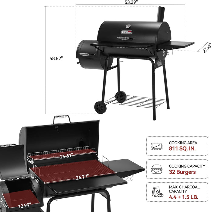 CC1830SC Charcoal Grill Offset Smoker with Cover, 811 Square Inches, Black, Outdoor Camping