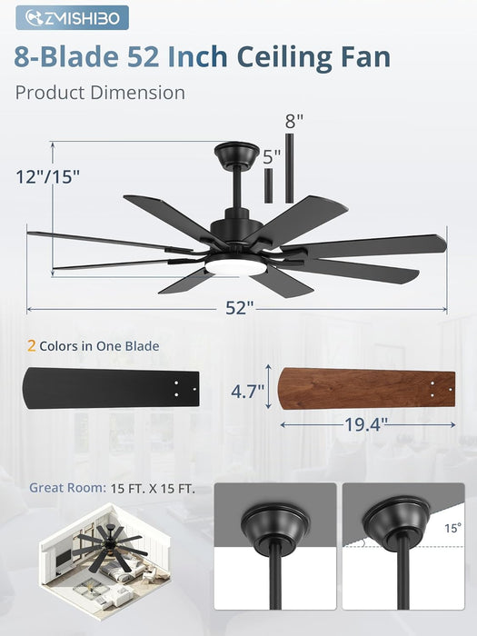 52 Inch Ceiling Fan with Light and Remote, 8 Blades Ceiling Fans with 20W LED Light, Quiet DC Motor, 6 Speeds, Stepless Color Temperature Change & Dimmable, for Bedroom Living Room, Black