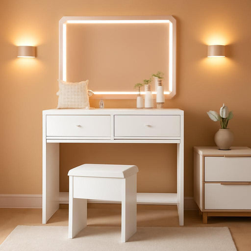 Vanity Desk with LED Mirror and 3 Light Modes, Makeup Vanity Table with Power Outlet, 4 Drawers and Hidden Storage Chair for Bedroom, White