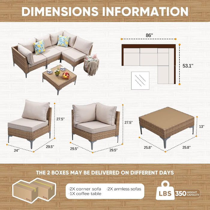 5 Piece Wicker Patio Furniture Set,Outdoor Conversation Sectional Sofa W/Coffee Table,All-Weather Outdoor Sofa with Thick and Anti-Slip Cushions for Deck,Poolside,Garden,Beige