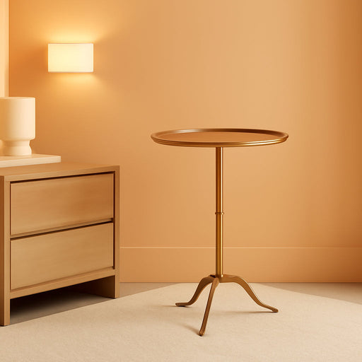 Metal Martini Side Table, Antique Brass – Compact Art Deco Design, Raised Edge, Easy Assembly, 12.5" Diameter, 27.5" Height, Stylish and Functional Cocktail Table