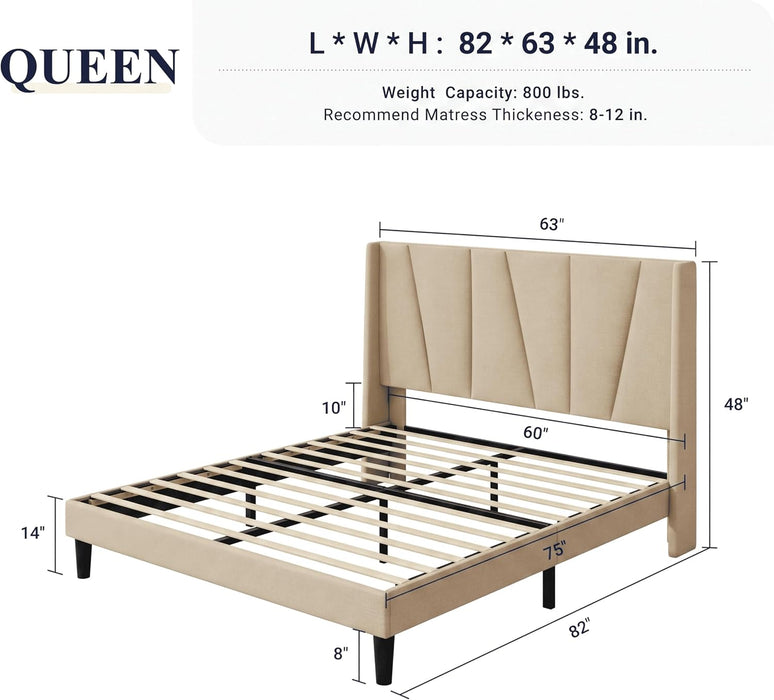 Queen Size Platform Linen Bed Frame with Headboard, Beige