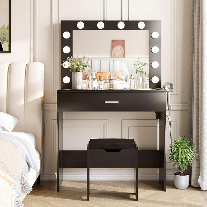 Vanity Table Set with 12 Light Bulbs, Makeup Dressing Table with Big Drawer & Mirror, Dresser Desk for Bedroom, Living Room Black