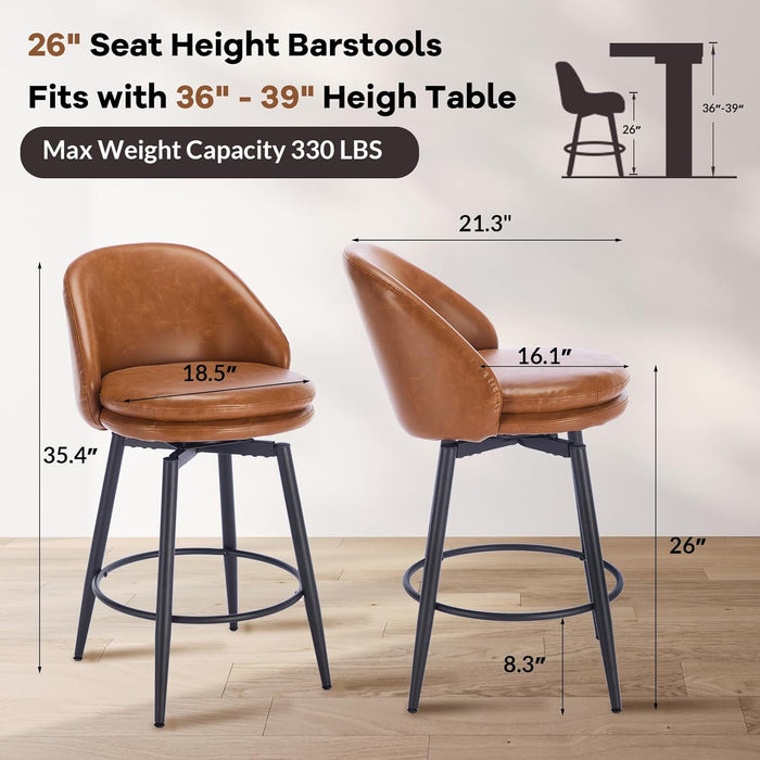 Counter Height Bar Stools Set of 2, 26 Inch Swivel Barstools with Back and Metal Legs for Kitchen Counter, Modern Upholstered Stools Island Chairs, Brown PU Leather