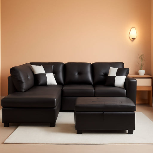 Sectional Sofa, L-Shape Faux Leather Sectional Sofa Couch Set with Chaise, Ottoman, 2 Toss Pillow Using for Living Room Furniture.（Black）