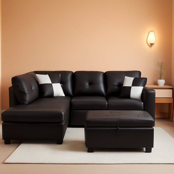 Sectional Sofa, L-Shape Faux Leather Sectional Sofa Couch Set with Chaise, Ottoman, 2 Toss Pillow Using for Living Room Furniture.（Black）