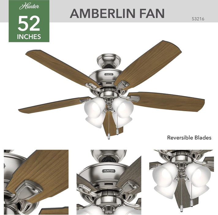 52 Inch Indoor Ceiling Fan with LED Lights - Ceiling Fan with Pull Chain, for Bedroom or Living Room, Standard Mount, No Remote, 5 Blades, Includes Bulbs - Amberlin 53216, Brushed Nickel