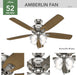 52 Inch Indoor Ceiling Fan with LED Lights - Ceiling Fan with Pull Chain, for Bedroom or Living Room, Standard Mount, No Remote, 5 Blades, Includes Bulbs - Amberlin 53216, Brushed Nickel