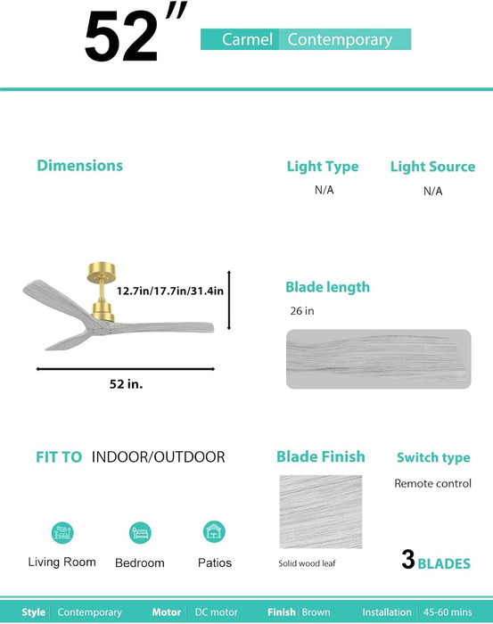 Wood down Rod Ceiling Fan (Gold+Gray Wood+No Light, 52 Inch)