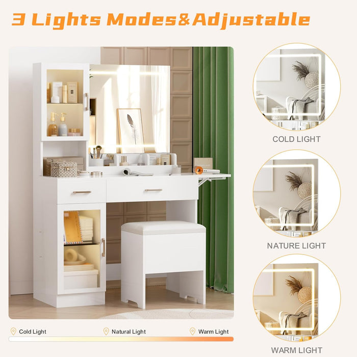 Makeup Vanity with LED Lighted Mirror & Built-In Power Socket, Dressing Table with Single Cabinet & 2 Storage Drawers, Bedroom Vanity Desk Station with Matching Stool (052 White)