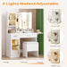 Makeup Vanity with LED Lighted Mirror & Built-In Power Socket, Dressing Table with Single Cabinet & 2 Storage Drawers, Bedroom Vanity Desk Station with Matching Stool (052 White)