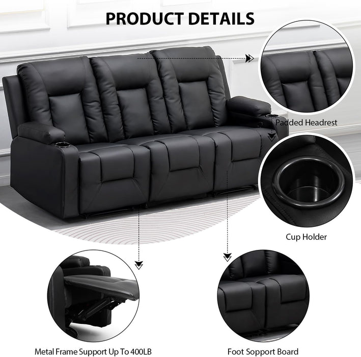 Recliner Chair Set, Furniture 3PC Bonded Leather Recliner Set Living Room Set, Sofa, Recline Chair (Black,Living Room Set 3)