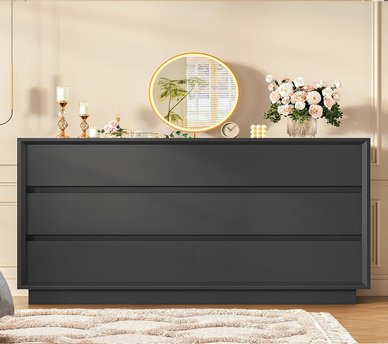 55" Dresser for Bedroom with 6 Drawers, Black Dresser with Metal Slide, Bedroom Dressers, Wood Dressers & Chests of Drawers for Bedroom, Hallway, Black