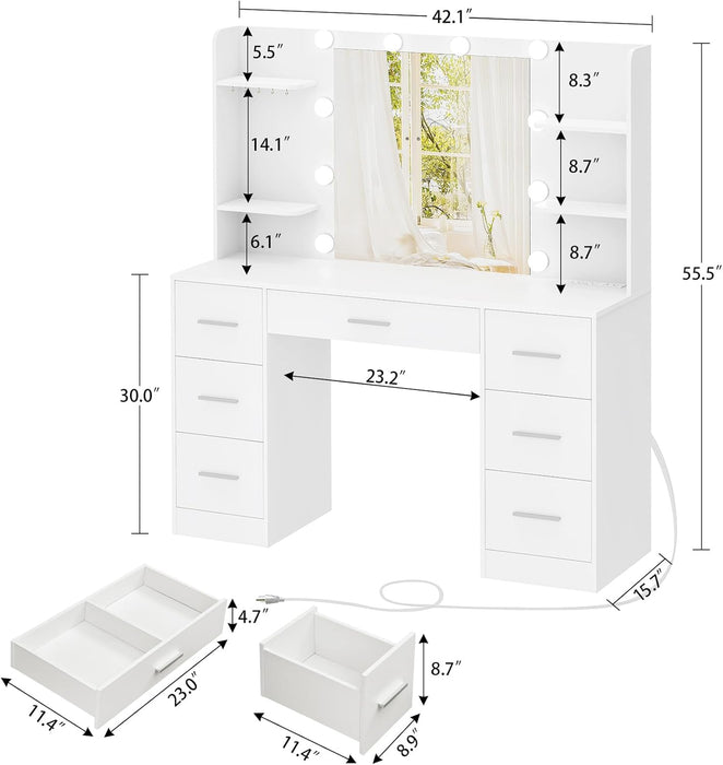 Vanity Desk with LED Light Mirror & Power Outlet, 3 Adjustable Light Color, Makeup Vanity with 7 Drawers, 4 Shelves, 5 Jewel Hooks, White Vanity for Bedroom, Girls Vanity