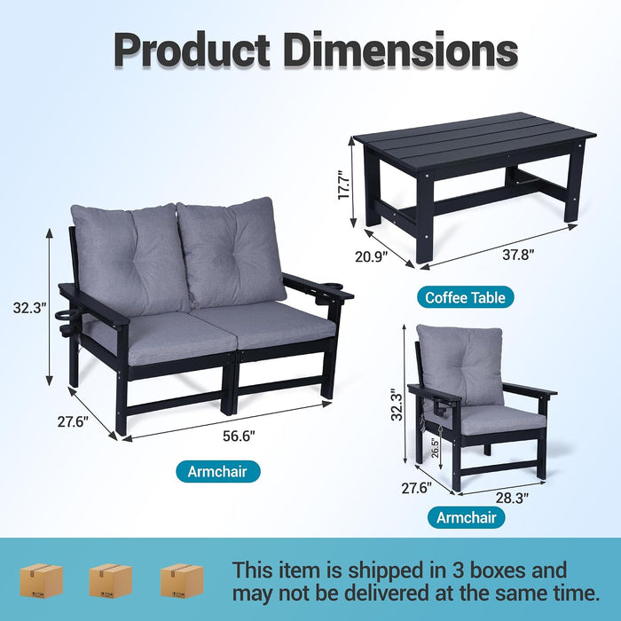 5-Piece HDPE Patio Conversation Set W/ 4 Cup Holders, All-Weather Outdoor Sectional Furniture, Thick Washable Cushions, Coffee Table & Side Table for Backyard Porch Poolside, Black
