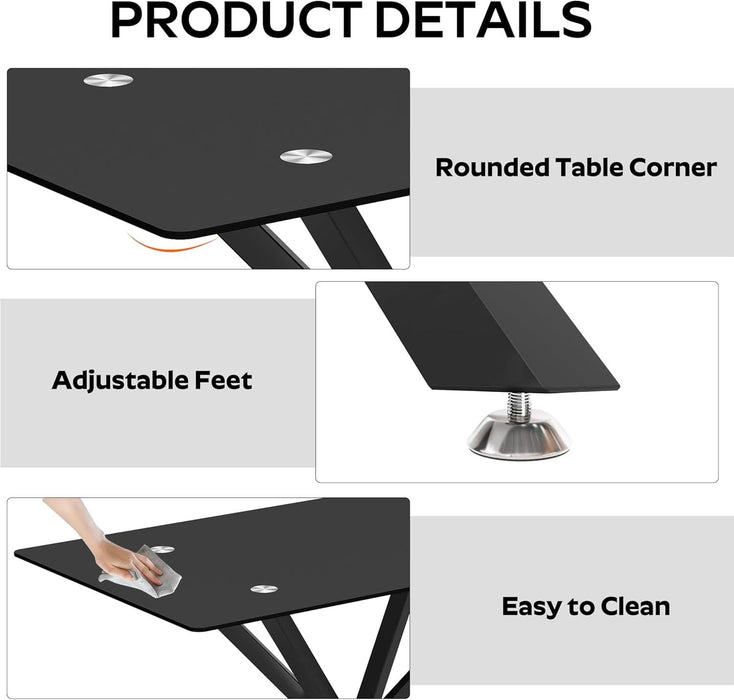 5 Pieces Modern Luxury Glass Dining Set, Minimalist Rectangle Dinner Room Set for 4, 47'' Black Glass Top Kitchen Table Set with Black Tufted Chairs, for Small Apartment Home