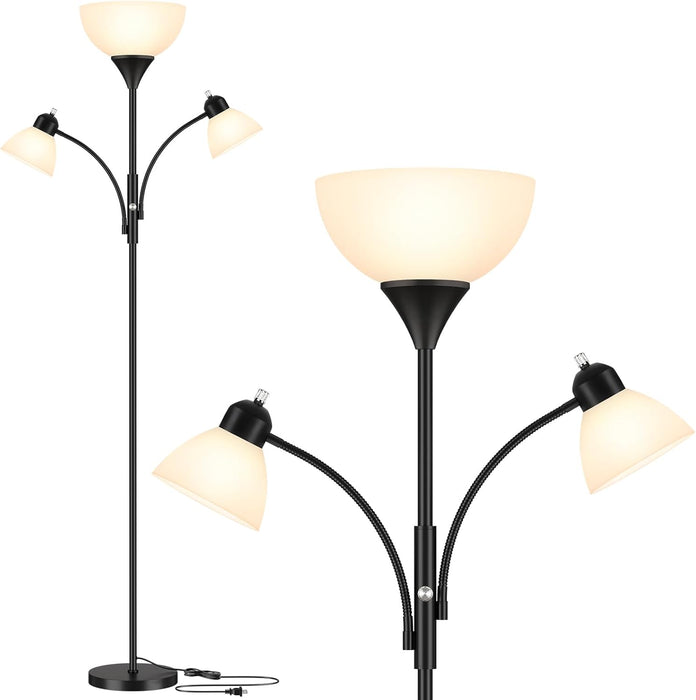 Torchiere Floor Lamps for Living Room,72" Dimmable Lamp with 2 Adjustable Reading Lights for Bedroom, Black Tall Standing Room Lamp, 3 Bulbs Included