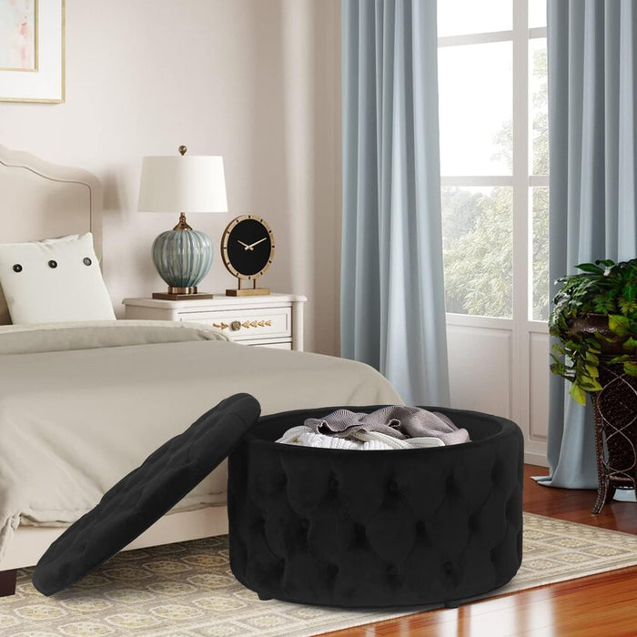 28 Inch round Velvet Storage Ottoman, Button Tufted Footrest Stool Coffee Table for Living Room, Black