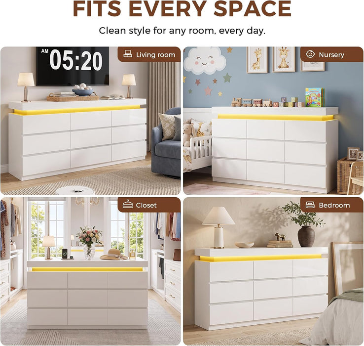 9 Drawer Dresser with LED Lights and Charging Station, Modern White Dresser