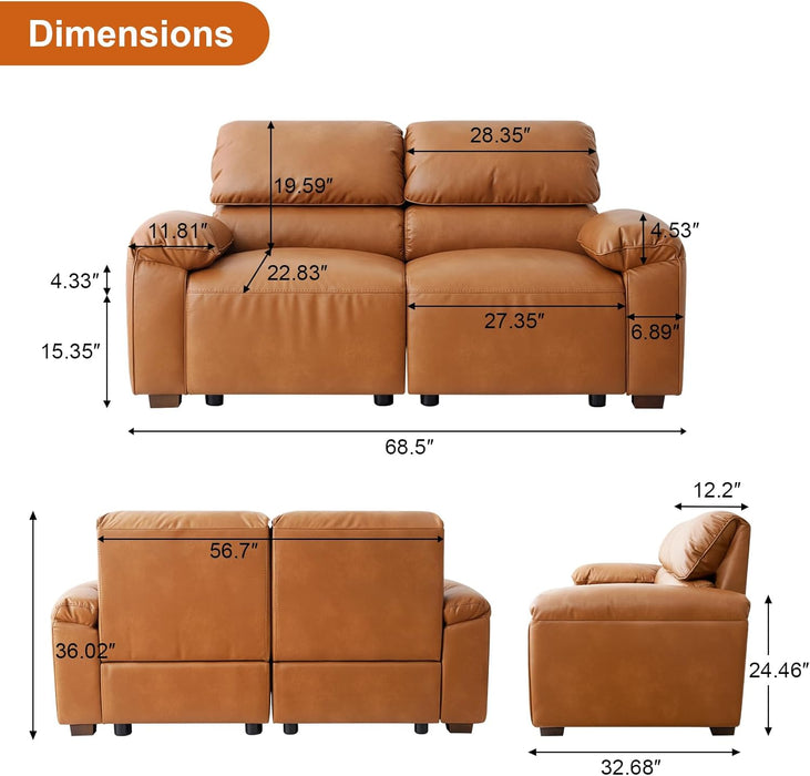 68 Inch PU Leather Loveseat MidCenturyModern Brown