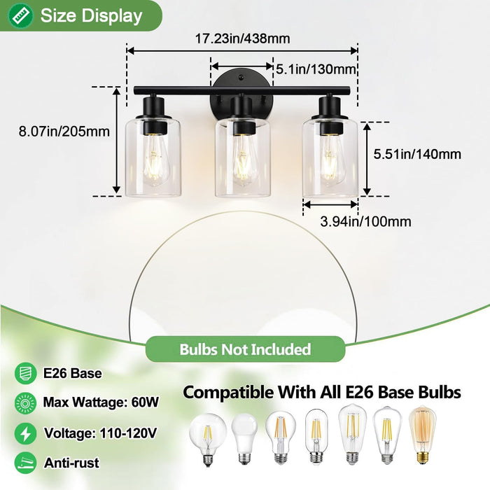 3-Light Bathroom Light Fixtures, 17.23" Black Modern Vanity Lights with Clear Glass Shade, Bathroom Wall Lamp for Mirror Kitchen Living Room Hallway Cabinet Porch