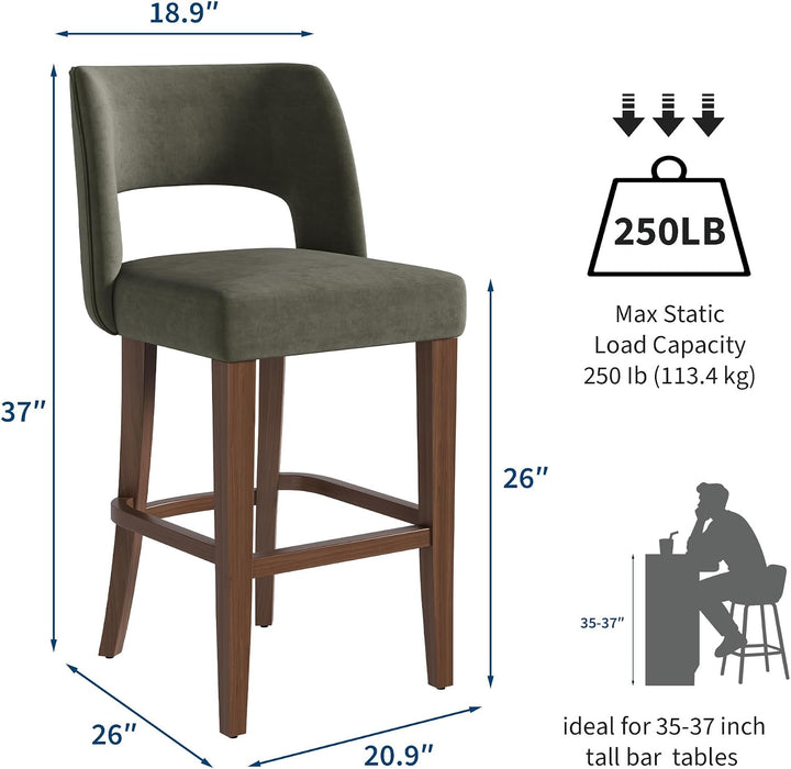 26 Inch Green Linen Bar Stool Set of 2 with Wooden Legs | Linen Fabric, Wood Legs, Ergonomic Barstools with Backrest , for Kitchen Island, Dining Room, Bar