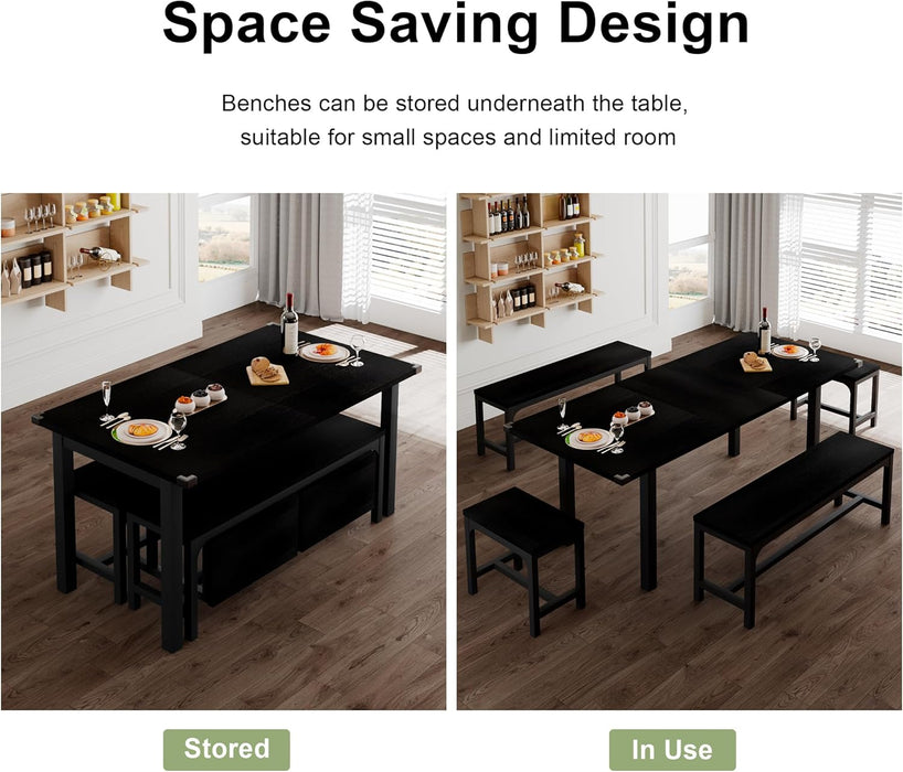5-Piece Dining Table Set for 4-8 People, 63" Large Extendable Kitchen Table Set with 2 Benches and 2 Square Stools, Dining Room Table with MDF Wood Board, Easy Assembly, Black