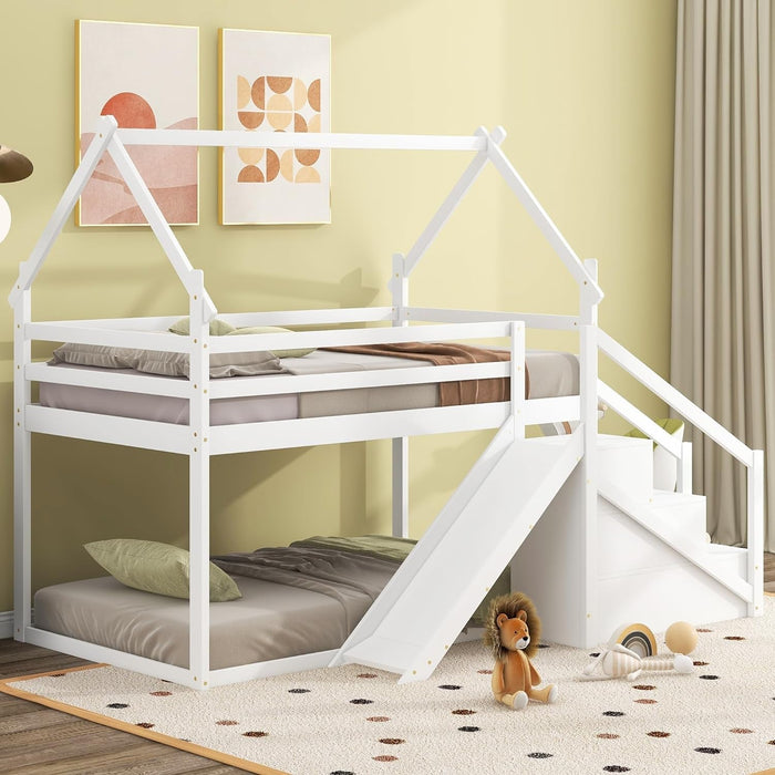 White House Twin Bunk Bed with Slide & Stairs