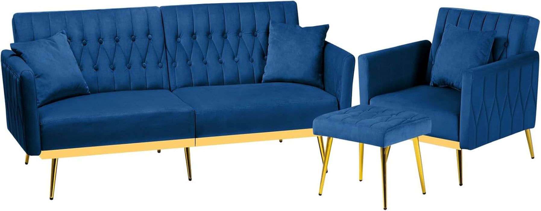 2 Pieces Velvet Futon Sofa Set with Adjustable Backrests and Armrests, 70” Convertible Sofa Bed & Tufted Accent Chair with Ottoman for Living Room, Blue