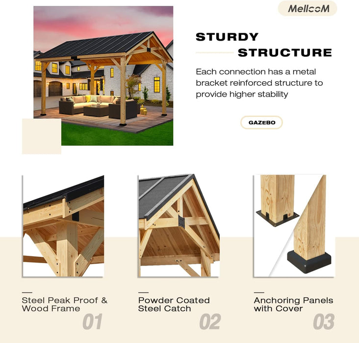 12' X15' Wood Gazebo, Spruce Solid Wood Hardtop Pavilion, Waterproof Asphalt Roof, for Patio, Lawn, Garden, Easy Installation