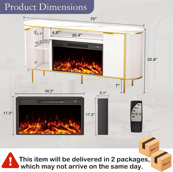 Fluted Fireplace Tv Stand: White Entertainment Center with Fireplace, Modern Fire Places Electric Fireplaces Tv Stand for Living Room, Media Console with Storage(White, 70" TV Stand with Fireplace)