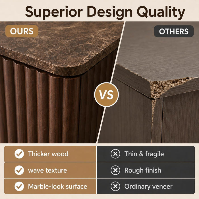 64" Fluted Sideboard Buffet Cabinet with Faux Marble Top, Dark Walnut | Wood Credenza with Storage Shelves, Modern Console Table for Coffee Bar, Dining Room, Kitchen, Living Room & Entryway