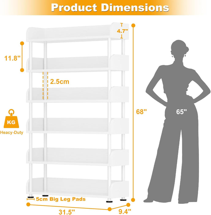 6-Tier Tall Open Bookshelf, 31.5" Modern Display Bookcase Shelf with Top Edge and Pipe Metal Frame, Industrial Standing Bookshelves Storage Rack Organizer for Living Room, Home Office, White