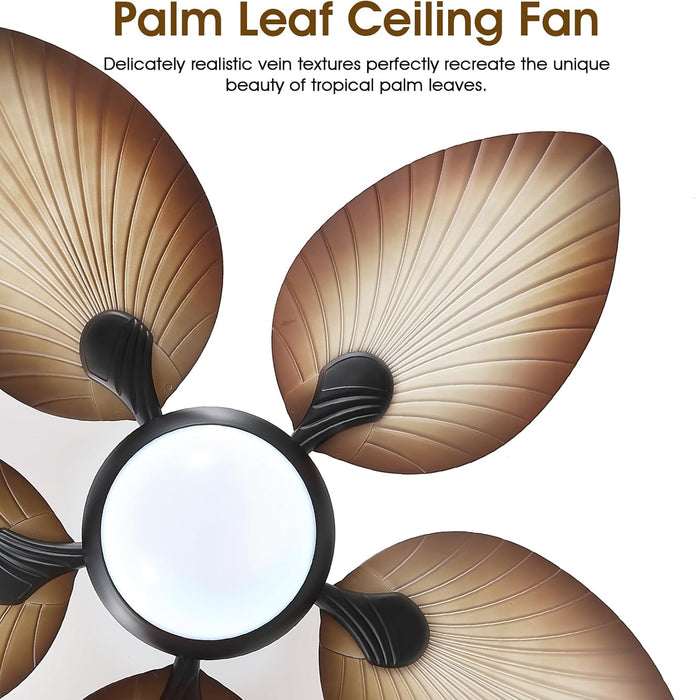 Tropical Ceiling Fans with Lights and Remote/App Control, 44 Inch Palm Leaf Ceiling Fan with LED Lights, Outdoor Ceiling Fans for Patios Porch, Reversible Quiet Motor, Dimmable, Wood Grain